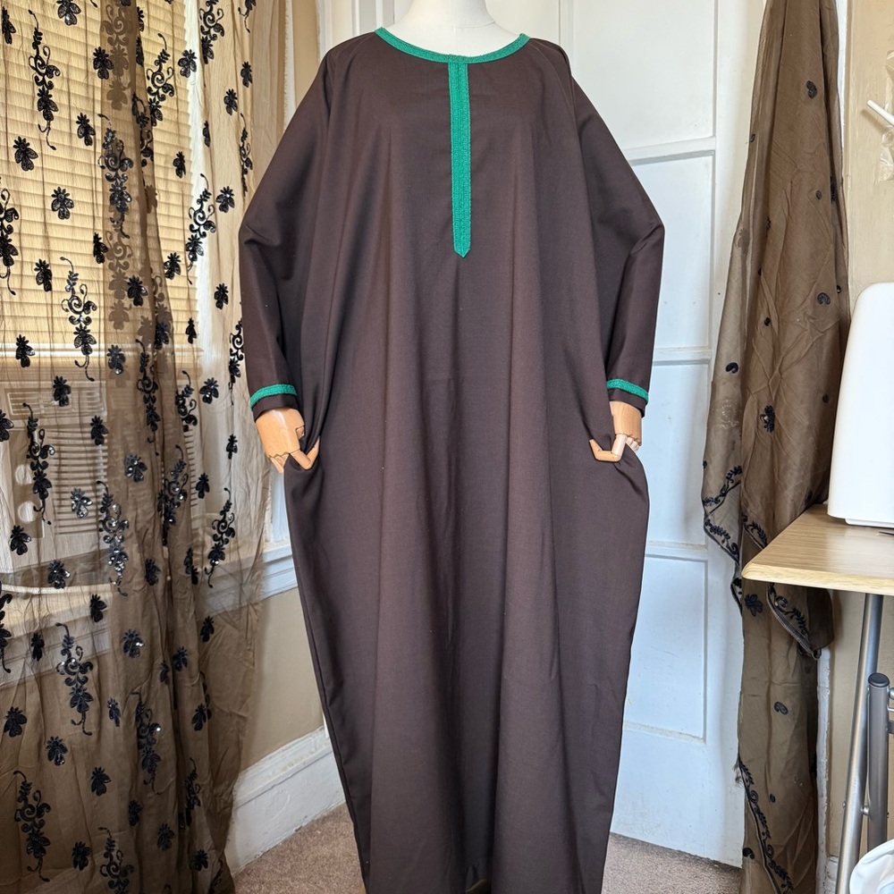 Dark brown abaya with Green Accents